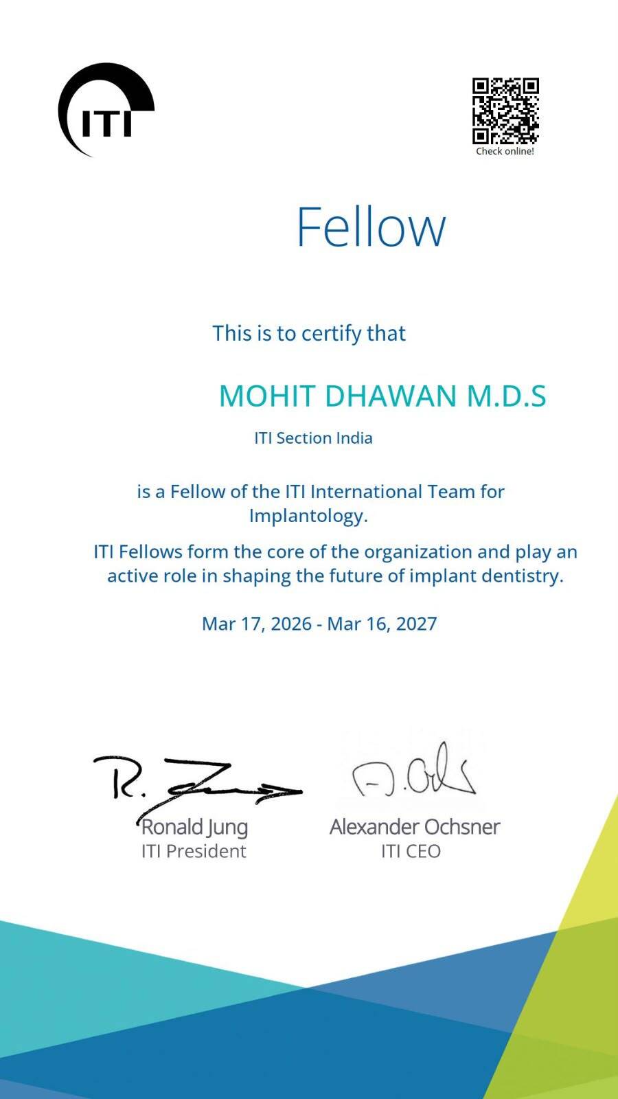 Thank You & Congratulations to Dr. Mohit Dhawan, M.D.S on Becoming an ITI Fellow